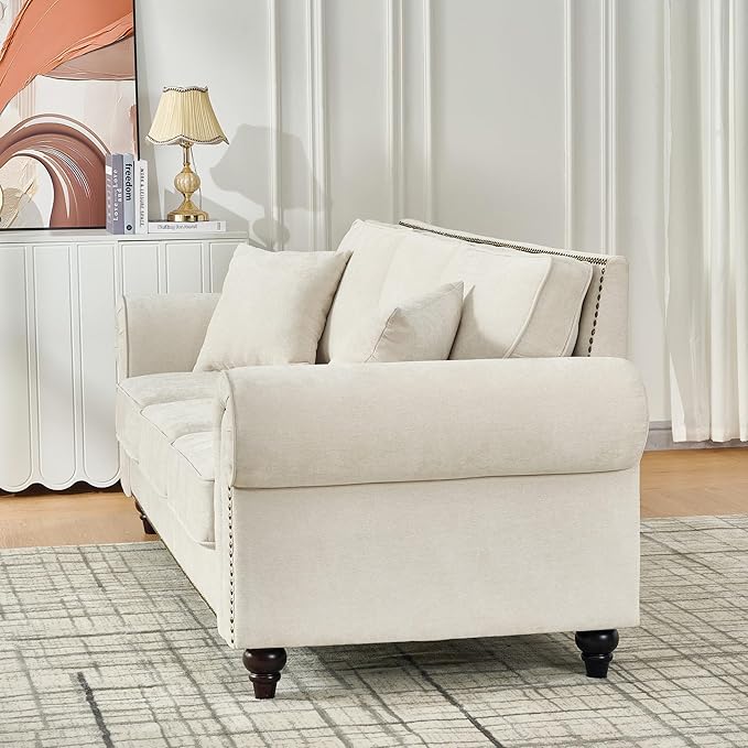 TTK 86 Modern 3-Seater Sofa with Rolled Arms Chenille Upholstered Couch with Sturdy Wood Legs and Elegant Nailhead Trim Comfortable Living Room or Apartment Sofa for Small and Large Spaces Beige