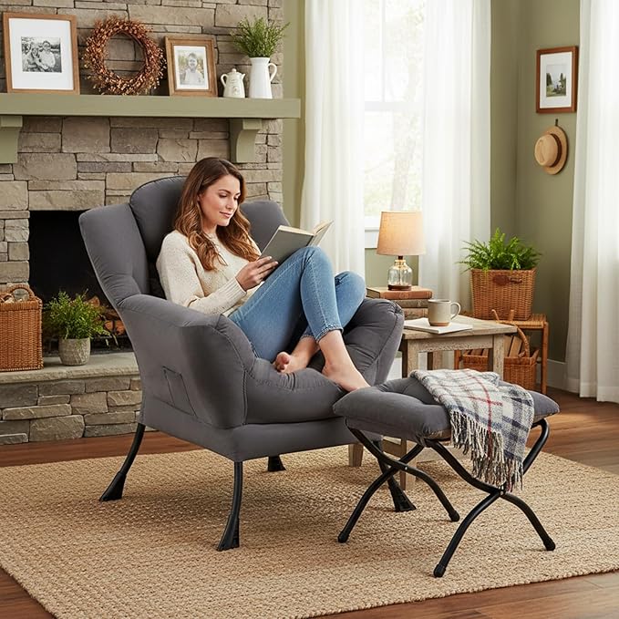 Lazy Chair with Ottoman Comfy Fabric Accent Lounge Arm Chair with Lumbar Pillow and Folding Footrest Reading Leisure Sofa Armchair for Bedroom Living Room DormDark Grey