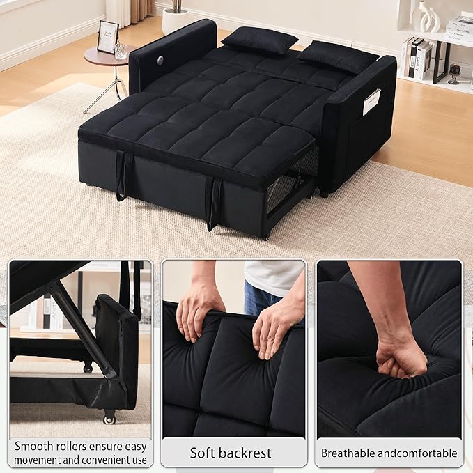 Velvet 3-in-1 Convertible Sleeper Sofa Bed - USB Charging Port Adjustable Backrest Pull-Out Futon Loveseat for Small Space Apartment Versatile Sectional Couch for Living Room (Black)