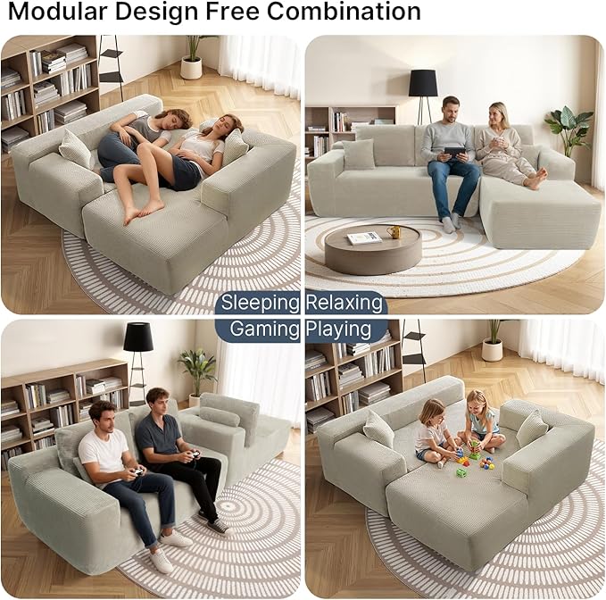 105 L-Shaped Boneless Couch Cloud Sectional Couches for Living Room Corduroy Sleeper Sofa with Chaise Modular Sectional Sofa Bed No Assembly(CamelRight)