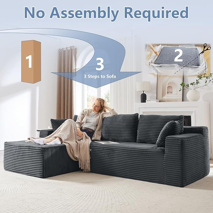 103 L-Shape Cloud Couch with Chaise Upholstered Corduroy Modular Sectional Sofa Deep Seat Couch with Free Combination for Living Room &amp ApartmentNo Assembly Required(Dark GreyLeft Facing Chai