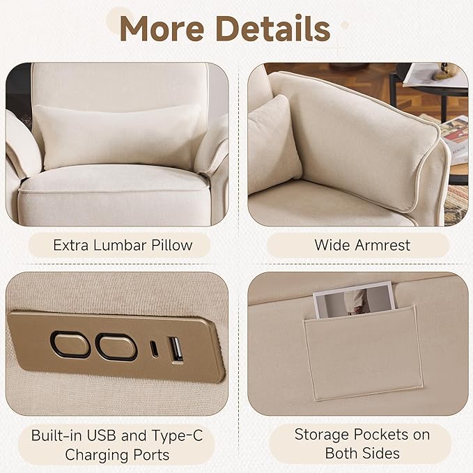 MELLCOM Power Recliner Rocking Chair Nursery Gliders with Adjustable Armrests and Headrest Swivel Electric Glider Reclining Nursing Chair with Storage Bags and USB Port FSC CertifiedBeige Fabric