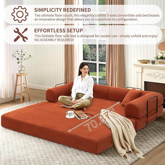 Convertible Sleeper Sofa Bed 1600lbs Weight Capacity Floor Sofa Bed with Fixed-Shape Frame Corduroy Foldable Couch for Small Space Lounge Mattress for Living Room Apartment Game Room (Orange)
