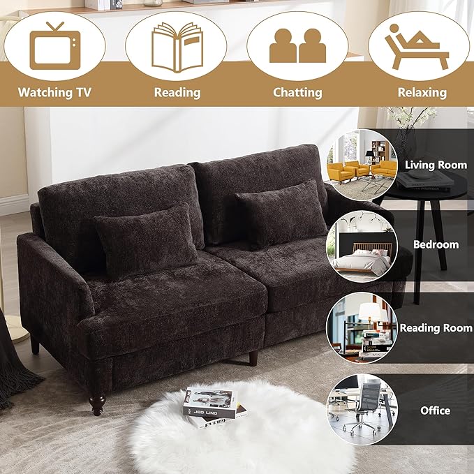 Mid Century Modern Chenille Loveseat Sofa 2-Seat Upholstered Cozy Loveseat Sofa with Pillows for Living Room Comfy Side Reading Lounge Couch for Bedroom Club Office Apartment Black
