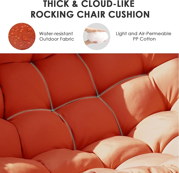 Double Papasan Rocking Chair Outdoor &amp Indoor Oversized Rocking Reclining Loveseat with Thick Cushion and Frame 660LBS Capacity Rocking Egg Chair for Porch Garden Living Room (Red)