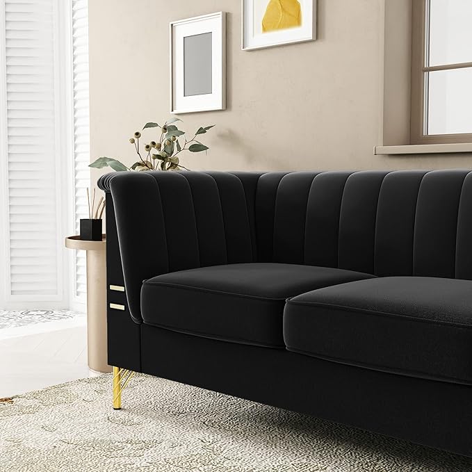 83.46 W Black Velvet Sofa Couch with Metal Gold Legs 3-Seater High Arm Upholstered Sofa for Living Room Bedroom Office (Black)