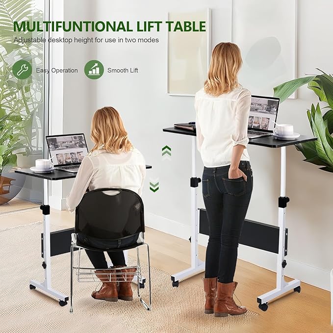 Small Standing Desk Adjustable Height Rolling Computer Desk Portable Laptop Desks with WheelsBlack