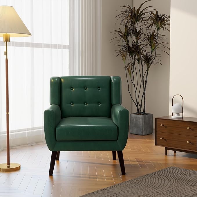 Accent Chair Mid-Century Modern PU Leather Chairs with Arms for Living Room Comfy Upholstered Club Single Sofa Armchair for Bedroom Waiting Room with Solid Wood Frame（Leather Green Set of 2)