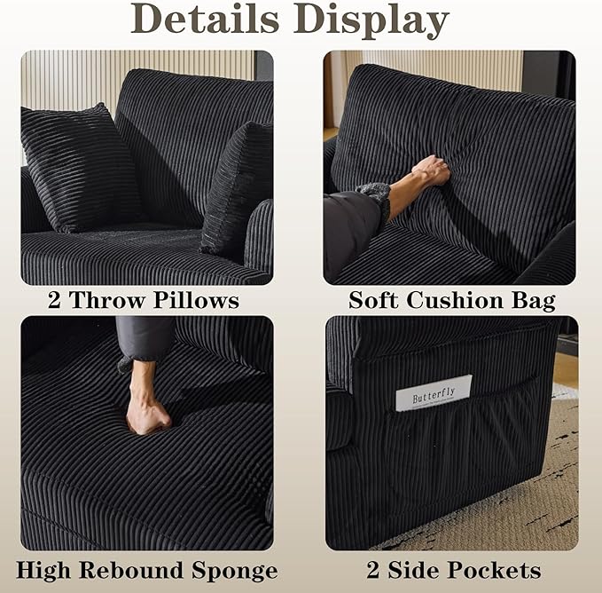 39 Oversized Armchair360°Swivel Accent ChairComfy Upholstered Corduroy Chairs W/2 Pillows and 2 Side PocketsModern Side Reading Seat for Living RoomBedroom and Office (Black)