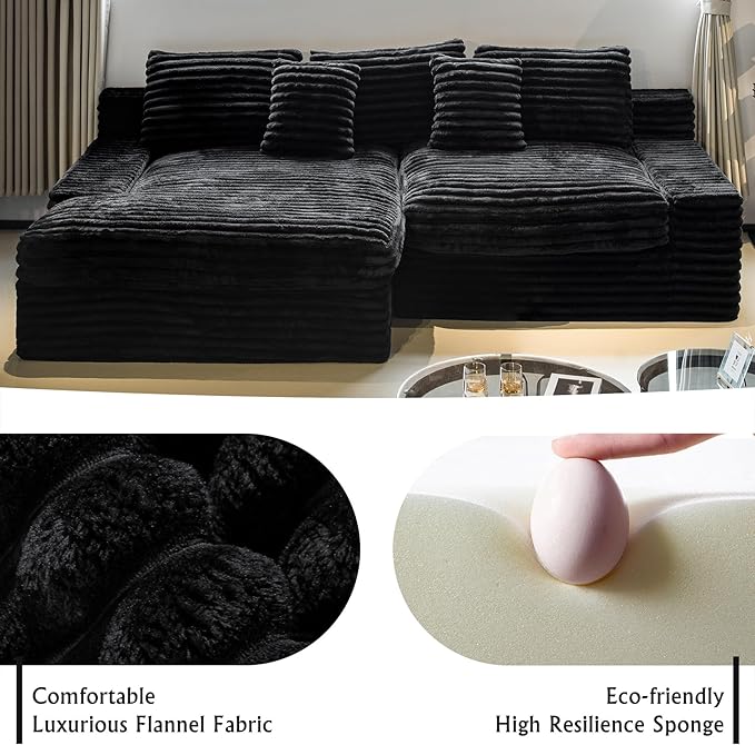 Black sectional couches for Living Room Corduroy Couch118 Cloud Sectional Couch with L-Shape Chaise Modern Modular Sofa Deep Seat Comfort No Assembly Required(Plush Corduroy Fabric)