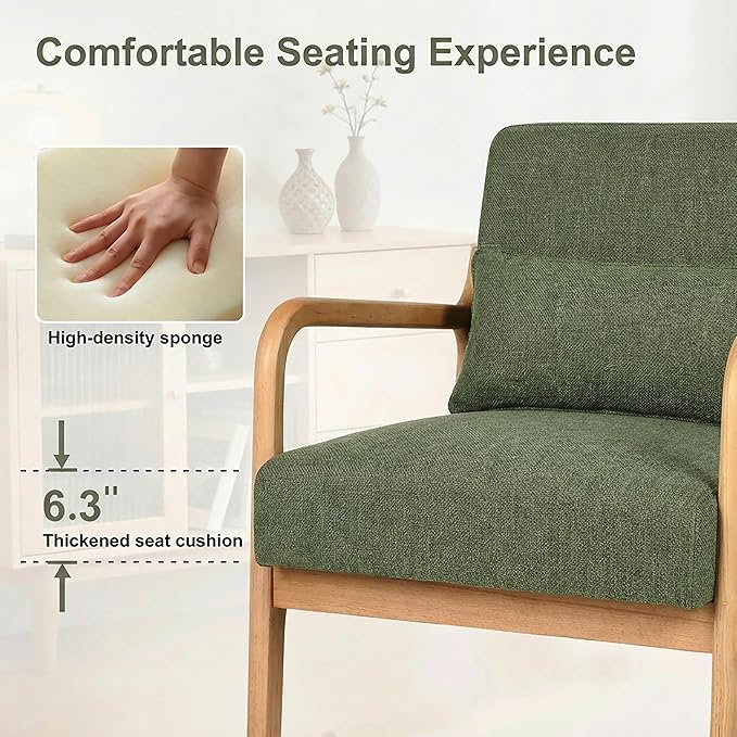Mid Century Accent Chair Comfy Arm Chair with Solid Wood Frame Upholstered Modern Chair for Living Room Bedroom Waiting Room Green