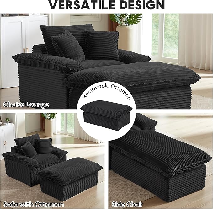 Oversized Chaise Lounge Chair Boneless Sofa Couch Upholstered Lounge Sofa Chair with Ottoman Indoor Corduroy Deep Seat Sleeper Chair for Living Room No Assembly Required Black