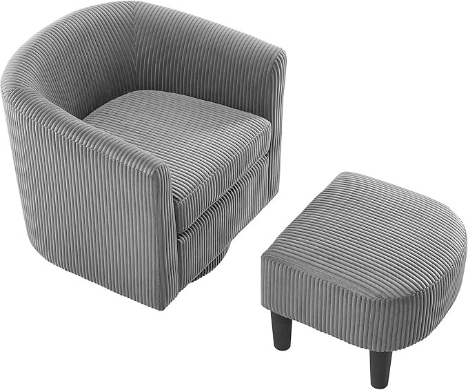 360° Swivel Accent Chair with Ottoman - Comfy Corduroy Recliner Armchair Single Sofa for Living Room &amp Bedroom (Grey)