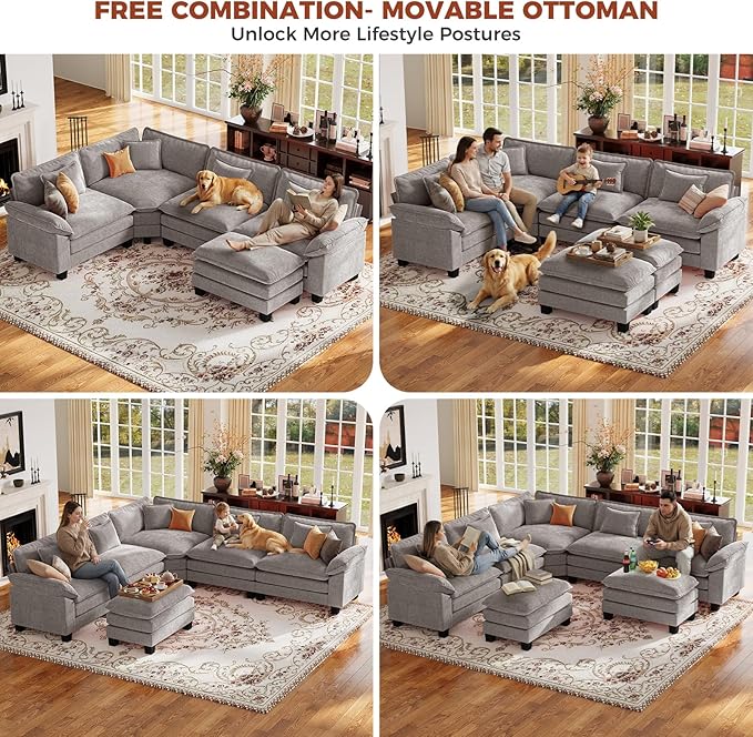 CDCASA 117 Oversized Modular Sectional Sofa with Corner Comfy L-Shaped Cloud Couch 4-Seater Chenille Deep Seat Modern Sofa Couch for Living Room DIY Combination Grey