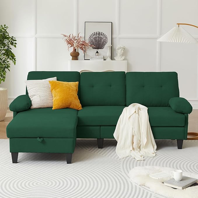 84 Convertible Sectional Sofa Modern Linen Fabric Small L Shaped Couch with Reversible Chaise 3-Seat Sofa Couches for Living Room Apartment and Small SpaceGreen