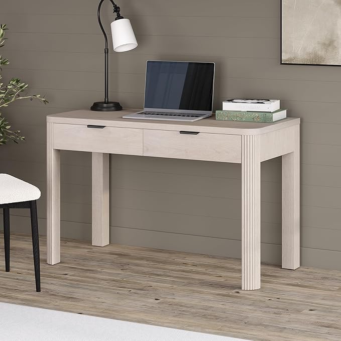 Henn&ampHart 48 Fluted Modern Rectangular Wooden Home Office Desk Computer Desk Writing Table with Ribbed Legs and 2 Storage Drawers for Bedroom Living Room or Home Office Beech White