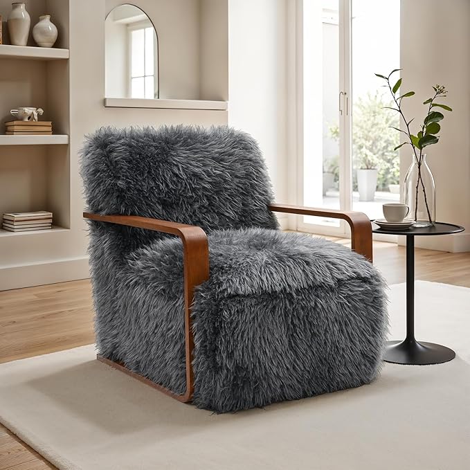 Comfortable Faux Fur Reading ChairModern Luxury Accent Chair Side Chairs with Curved Wooden Armrests for ApartmentLiving RoomOfficeStudyCharcoal Grey
