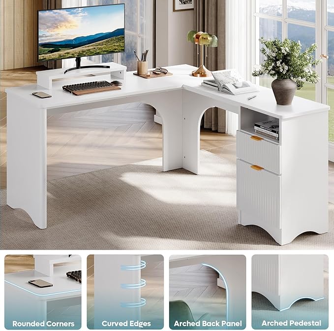 Bestier L Shaped Desk with File Drawer 55.7 x 55 Office Computer Desk with Round Corners Modern Desk with Monitor Stand &amp Fluted Panels for Home Office White