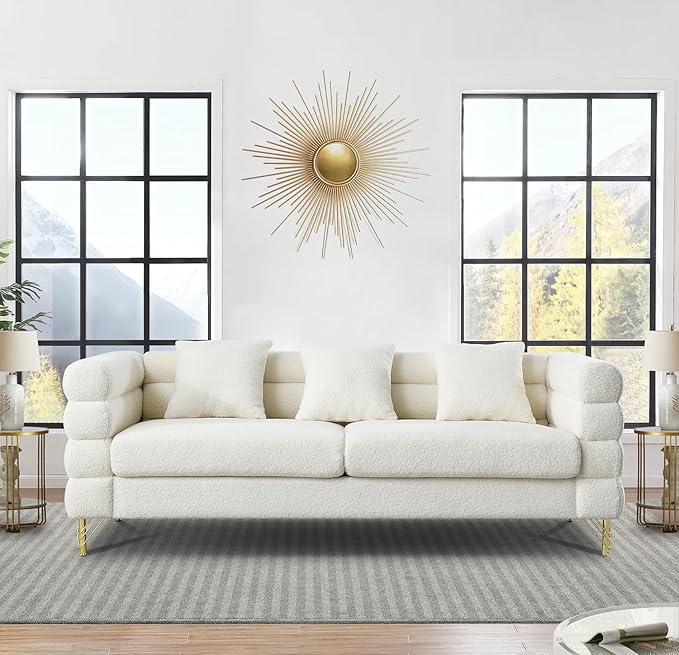 Comfy 3 Seater Sofa 81-inch Oversized Boucle Couch with Deep Seat Design Upholstered Sofa Couch with 2 Pillows Modern Living Room Sofa with Stylish Metal Legs for Office Waiting Room White Teddy