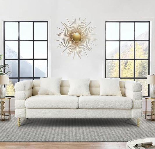 Comfy 3 Seater Sofa 81-inch Oversized Boucle Couch with Deep Seat Design Upholstered Sofa Couch with 2 Pillows Modern Living Room Sofa with Stylish Metal Legs for Office Waiting Room White Teddy