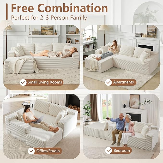 KIVENJAJA 103” Beige Corduroy Boneless Couch L-Shaped Sectional Sofa with Left Facing Chaise Cloud Compression Couches for Living Room Apartment Home Office No Assembly Required