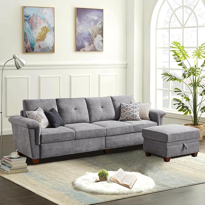 4-Seat Sectional Couches for Living Room Bedroom Office with Storage L Shape Convertible Sectional Sofa Couch with Ottoman and Cup Holders Light Grey