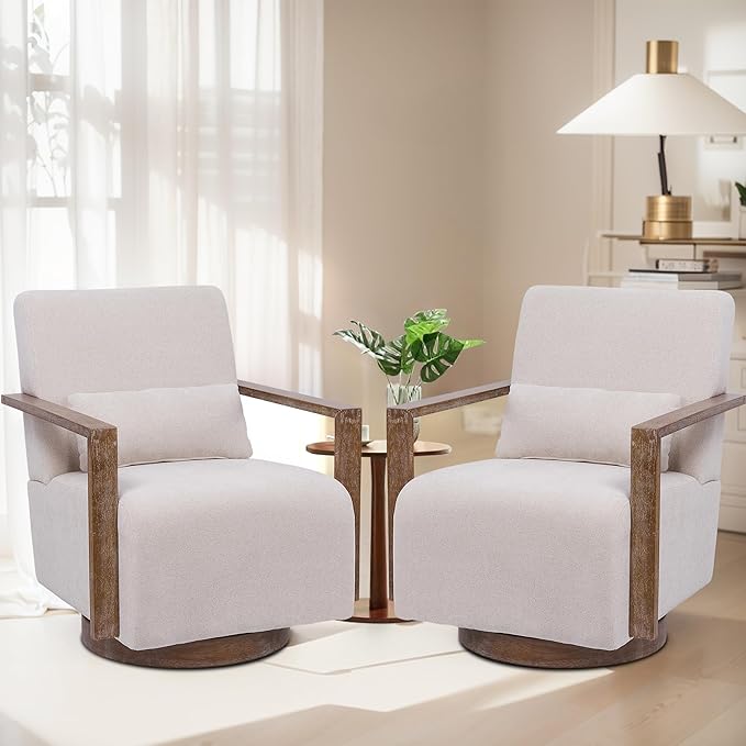 Chifee &amp Vingol 29.72 Swivel Accent Arm Chair Mid Century Modern Living Room Chair Set of 2 with Solid Wood Base &amp ArmrestBeige