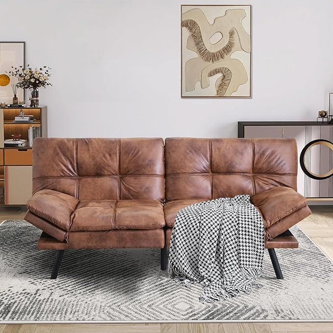 MUUEGM Futon Couch with 71 Adjustable High Density Memory Foam Futon Sofa Bed Modern Design Sofa Bed for Living Room Sleeping and Relaxing(Leather Brown)