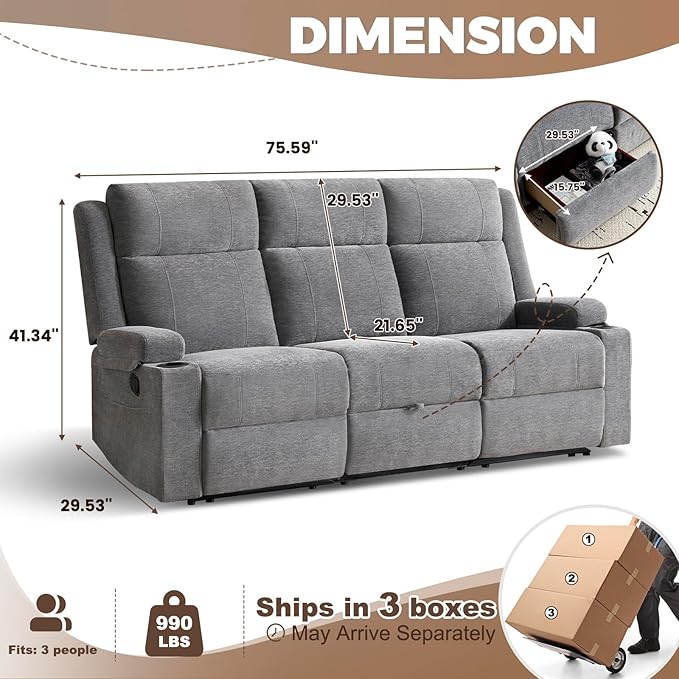 Chenille Reclining Sofa 3-Seater with Convertible Table Storage Ottoman &amp Cup Holders | Modern Space-Saving Couch Ergonomic Living Room Furniture (Gray)