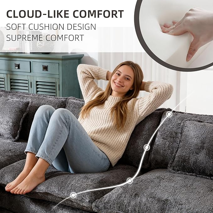 GNIXUU 112 Modular Cloud Couch Sofa Modern Chenille L Shaped Sectional Couches for Living Room Comfy Deep 4 Seater Sofa with Movable Ottoman &amp 2 Pillows(Gray)