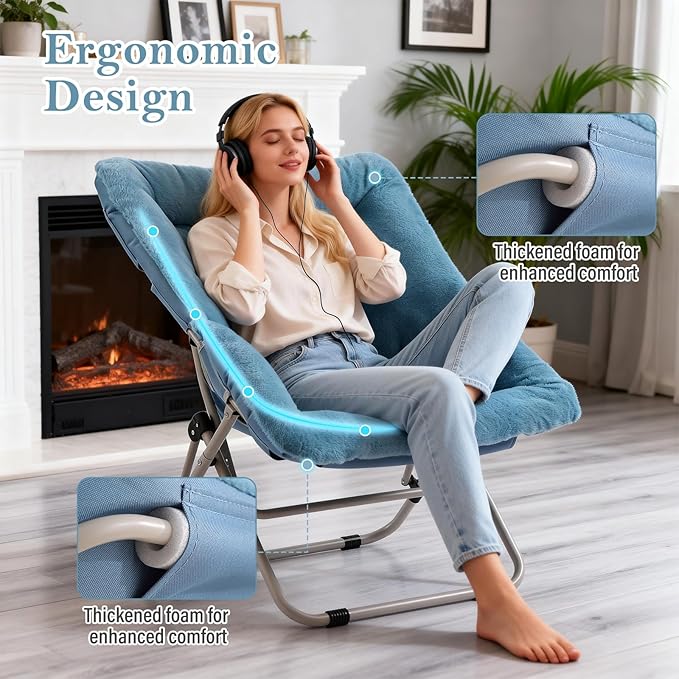 Saucer Chair Comfy Bedroom Chairs Oversized Folding Faux Fur Chair Foldable Metal Frame Chair for Bedroom Living Room Balcony Patio (Blue)