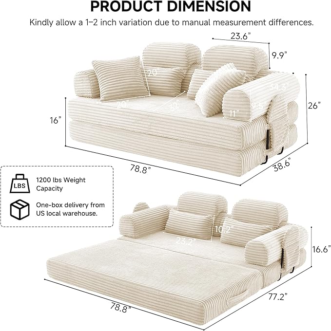 79 Sofa Bed Deep Seat 32 Sleeper Sofa 5-in-1 Convertible Sofa Bed Boneless Couch in a Box Corduroy Floor Futon with Thickened backrest and Headrest Pillows Side Pockets White