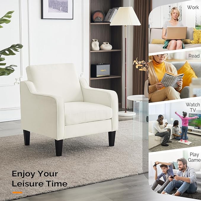 VINGLI Living Room Chairs White Accent Chair Soft Chenille Comfy Arm Chair Mid Century Modern Sofa Chair for Small Spaces Bedroom Home Offfice Apartment Lounge (Creamy White)