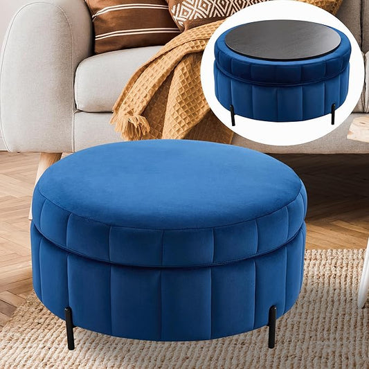 Navy Round Ottoman with StorageReversible Lid Upholstered Ottoman Coffee Table 31.5Circle Foot Stool for Living RoomBedroom