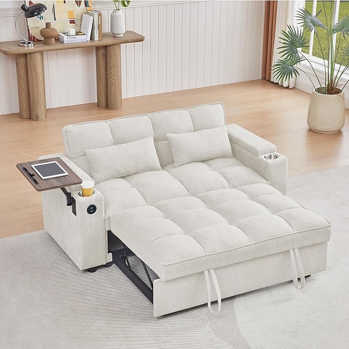 65'' Convertible Sleeper Sofa Bed with Pull-Out Design 3-in-1 Modern Chenille Fabric Couch with 360° Swivel Side Table Queen Size Easy Assembly for Living Room White