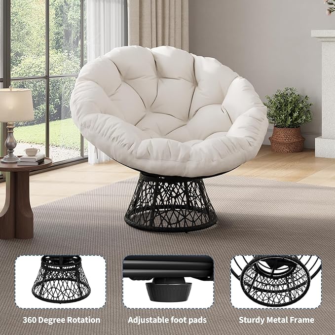 Papasan Chair 37 Ergonomic Wicker Papasan Chair with Extra-Thick Soft Fabric Cushion Heavy-Duty Steel Frame 360° Swivel Base for Living Room Bedroom &amp Reading Nook – White - Black Stand