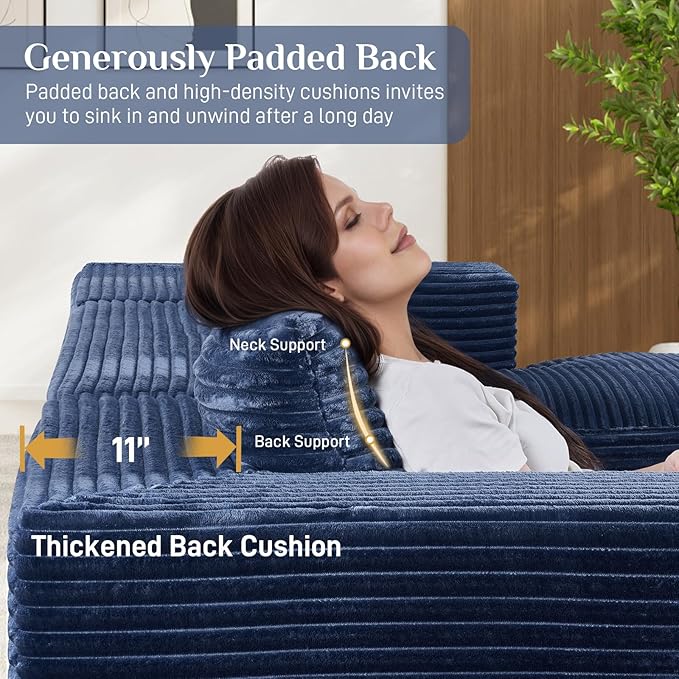 131 Oversized U Shaped Cloud Sectional Couches for Living Room Comfy Fluffy Corduroy Blue Boneless Sectionals Couch Plush Memory Foam Modular Sectional Sofa with Double Chaise- 20 High Seat