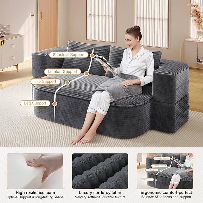 78.7'' Convertible Sleeper Sofa Corduroy Floor Foam Sofa Couch Love Seat Sleeper Bed Modern Folding Futon Couch Foldable Full Size Guest Bed with 2 Pillows and Blanket for Living Room (Dark Gray)