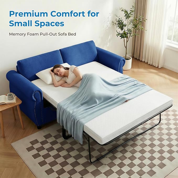 Mjkone 2 in 1 Pull Out Sofa Bed Full Size with Tri-Folding Mattress Convertible Sleeper Sofas Couch with Pullout Bed Pull Out Couch Beds with Nailhead Armrests for Living Room Home Office Blue