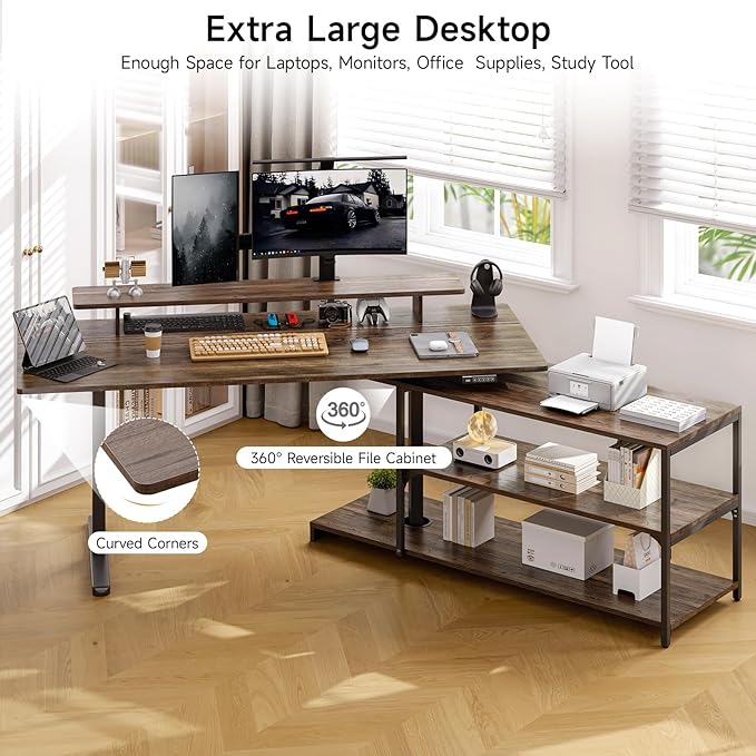 ONBRILL L Shaped Standing Desk with File Cabinet 55x24'' Electric Stand Up Desk with Monitor and Storage Shelf Adjustable Height 28-46'' for Home and Computer Workstation Walnut