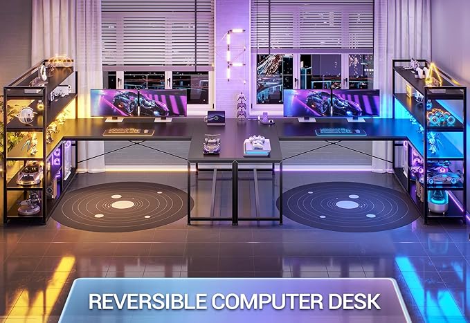 SEDETA L Shaped Gaming Desk 63'' Reversible Computer Desk with Power Outlet and Storage Shelves Corner Gaming Desk with LED Lights Bookshelf for Home Office Black