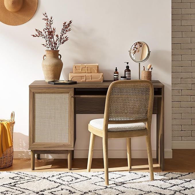 mopio Haylee Boho Farmhouse Writing Desk with Natural Rattan Exterior Door Ample Storage Adjustable Shelves for Study Vanity Makeup &amp Work in Bedroom Home Office