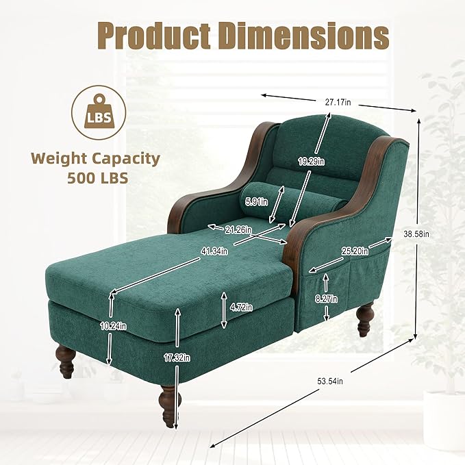 Upholstered Oversized Chaise Lounge Chair Solid Wood Frame Comfy Arm Chair with Thick Double-Layer Cushion Curved Armrests Modern Overstuffed Sleeper Recliner for Bedroom Living Room(Emerald Green)