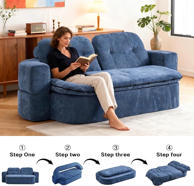 Modern Floor Sofa with 2 PillowsConvertible Chenille Foam-Filled Sleeper Sofa Bed no Assembly RequiredConvertible Sofa Couch BedFolding Mattress for Living Room (Chenille Dark Blue)