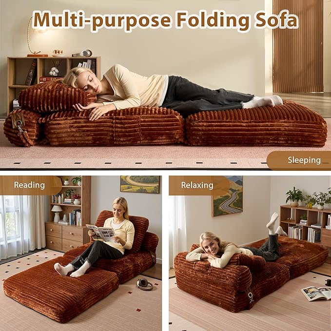 75'' Foldable Sofa Bed Convertible Sleeper Sofa with Pillow Boneless Corduroy Foldable Couch Bed Single Sleeper Chair for Small Spaces Living Room Bedroom StudioBrown