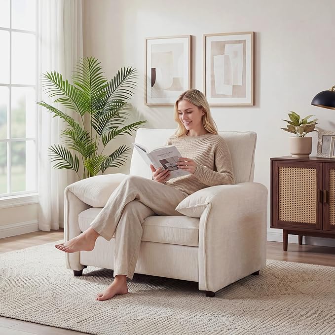 Oversized Accent Chair Modern Armchair for Living Room Wide Reading Chair w/Deep Seat Springs Cushion Chenille Armchair w/Pillow Arm Single Sofa Chair for Bedroom Apartment Office Beige