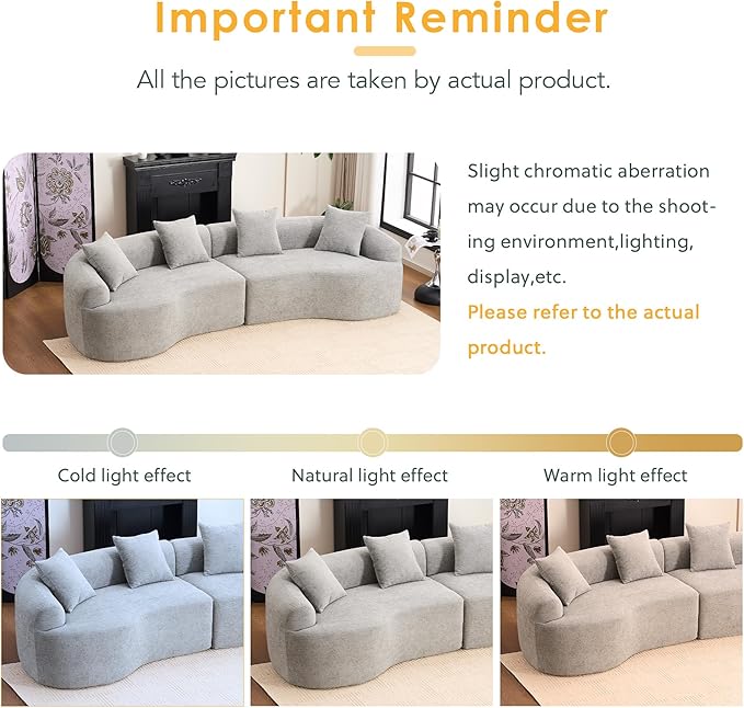 Oversized Sectional Boneless Sofa for Living Room 110 Modern Luxury Chenille Sofa 4-Seater Extra Deep &amp Wide Seat Curved Cloud Couch with 4 Throw Pillows Grey