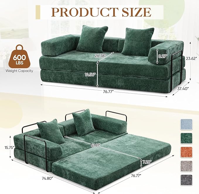 Antetek Modular Futon Sofa Bed Convertible Folding Chenille Comfy Memory Foam Floor 3 Seater Loveseat Sleeper Sofa Couch Bed Chaise Lounge with 2 Pillows for Guest Room Living Room Office Green