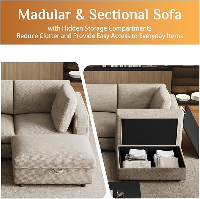 OUYESSIR 114 Oversized Modular Sectional Sofa L Shaped Sectional Couches for Living Room 4 Seat Modular Sofa with Storage Ottoman &amp Removable Cover Light Brown