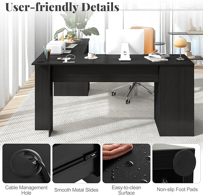 Giantex 66 L-Shaped Desk with Storage Drawers &amp Charging Station Spacious Corner Computer Desk with Keyboard Tray Adjustable Shelf Cabinet Huge Workspace Home Office Study Writing Desk (Black